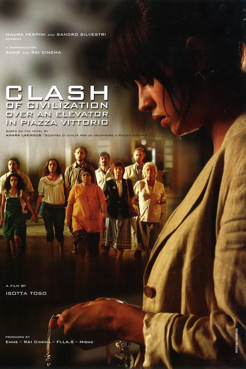 Movie poster for Clash of civilization over an elevator in Piazza Vittorio (2010)