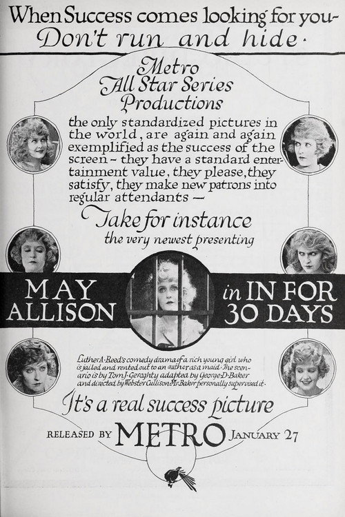Movie poster for In for Thirty Days (1919)