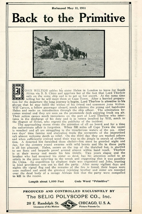 Movie poster for Back to the Primitive (1911)
