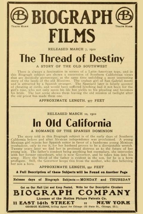 Movie poster for In Old California (1910)