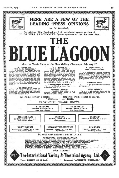 Movie poster for The Blue Lagoon (1923)