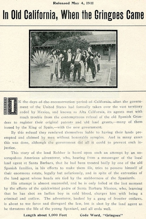 Movie poster for In Old California When the Gringos Came (1911)