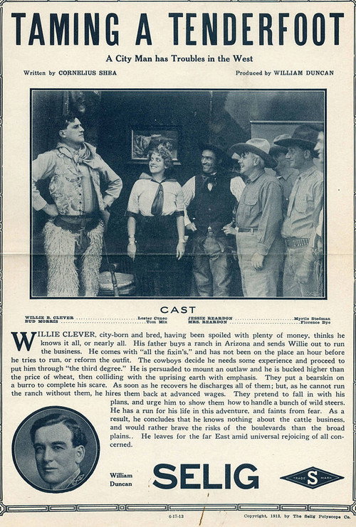 Movie poster for Taming a Tenderfoot (1913)