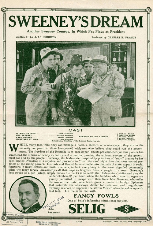 Movie poster for Sweeney's Dream (1913)