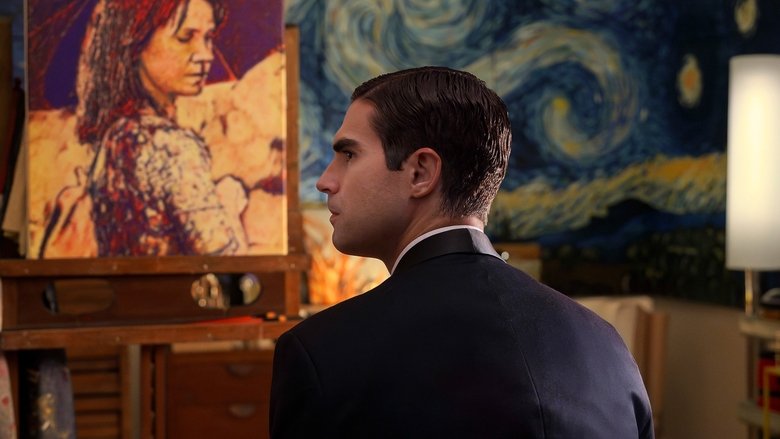Goyo and Eva standing in the museum, the golden light of a Van Gogh painting casting shadows across their faces