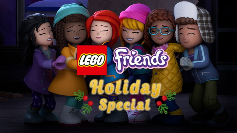 The LEGO Friends gather around a glowing fireplace, their blocky faces lit with warm, artificial light