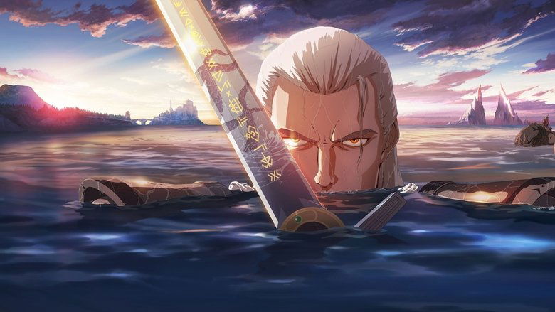 Geralt standing on a cliffside at dusk, overlooking a stormy ocean, his white hair whipping in the wind