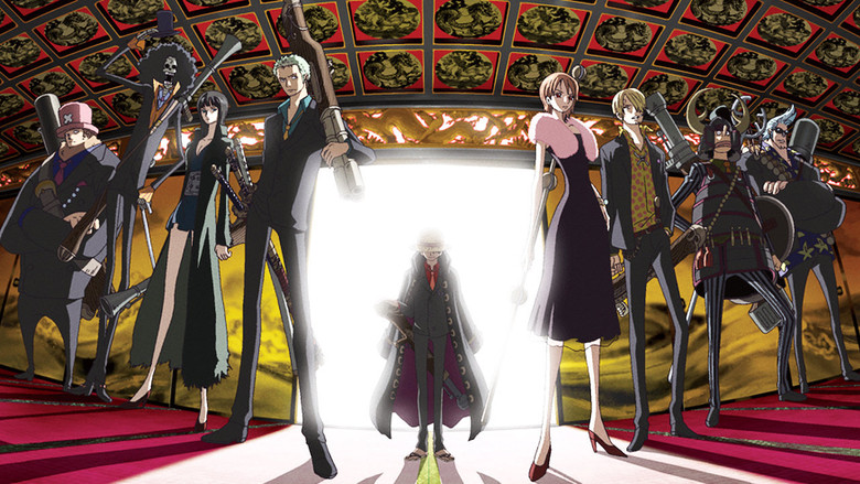 The Straw Hats stand on a floating island, the sky behind them a swirl of storm clouds and golden light