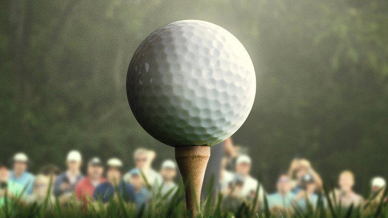 A golfer mid-swing, the club a blur of motion against a backdrop of manicured green