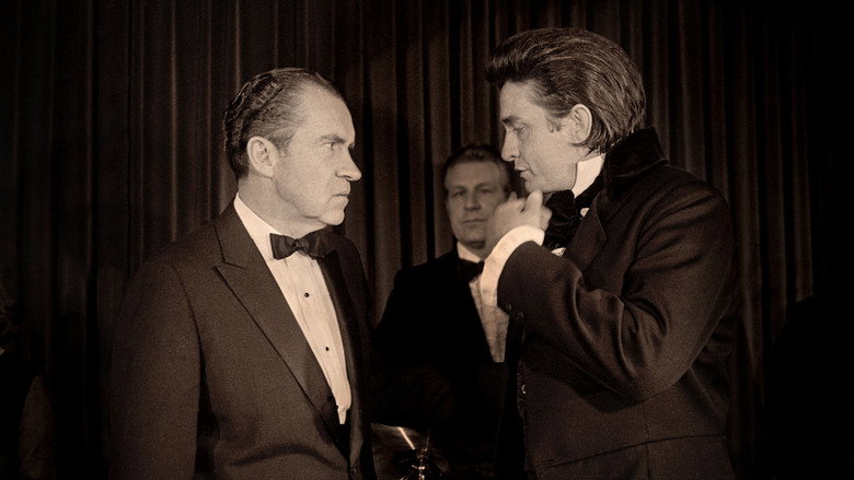Johnny Cash performing at the White House, his black suit a stark contrast against the room's opulence