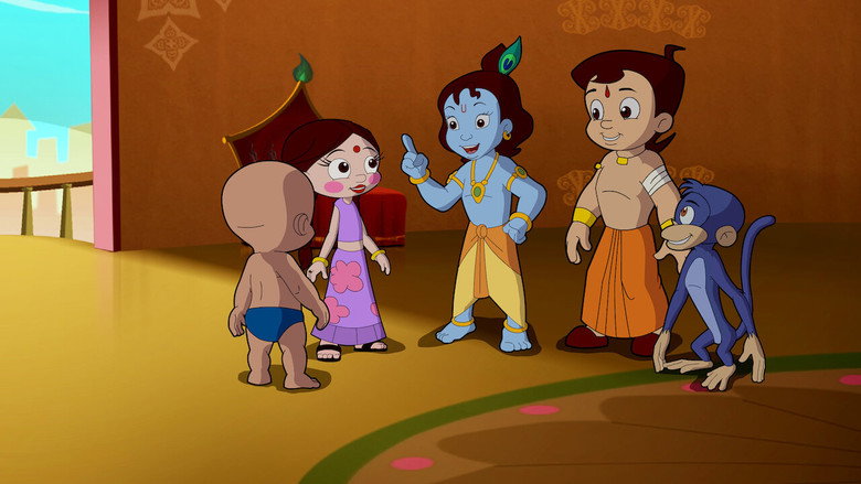 Krishna, dressed in his iconic blue, stands at the center of a swirling vortex of colors, his expression a mix of curiosity and wariness, as if he’s both drawn to and suspicious of the spectacle around him.