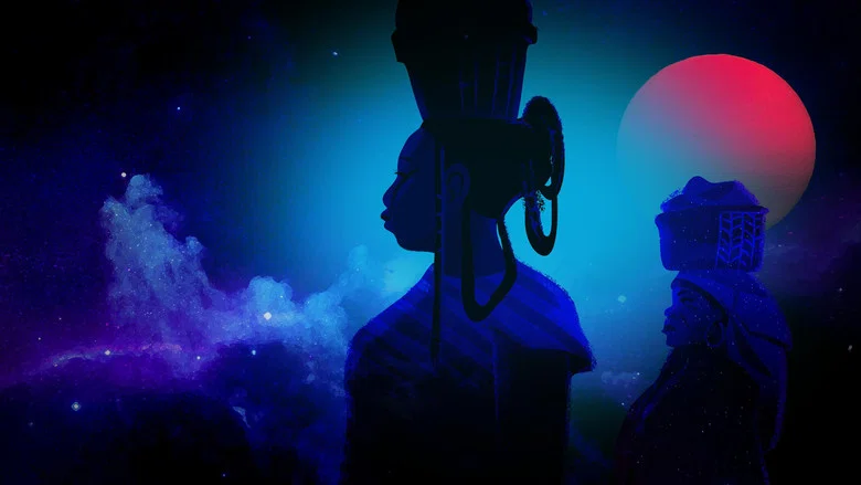 Estela standing in a dimly lit room, her fingers brushing against a glowing, braided strand of light that seems to pulse with energy