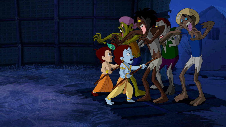 A vibrant, stylized depiction of Pataliputra’s skyline, its ancient architecture rendered in bold, cartoonish strokes, with Chhota Bheem and Krishna standing atop a wall, surveying the city below.