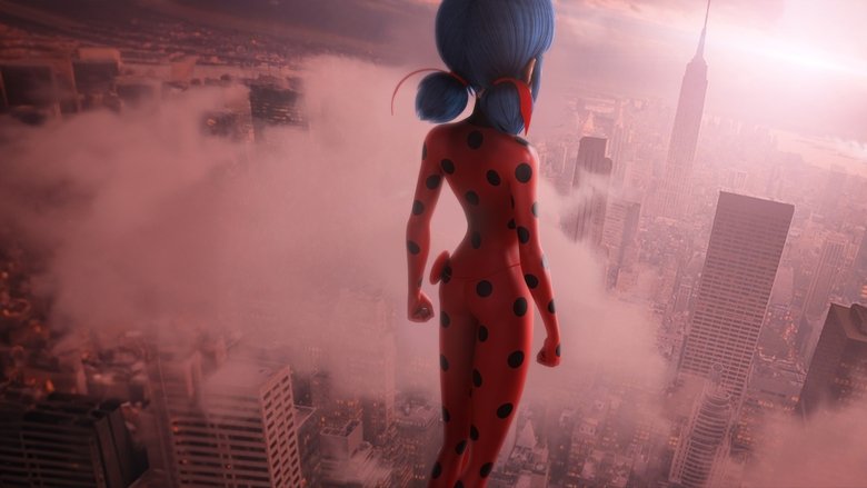Ladybug and Cat Noir standing on a rooftop in New York, the city lights stretching behind them