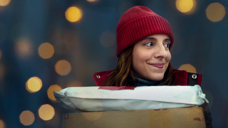 A courier and a customer navigate a snowy street, arms full of packages, their breath visible in the cold air