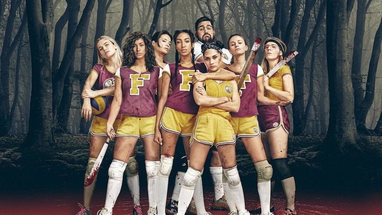 A tense moment in the forest, the volleyball team huddled together as shadows loom around them