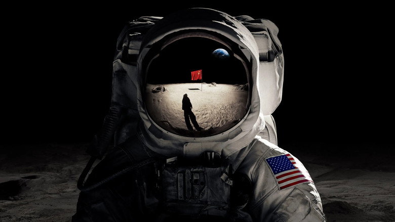 An astronaut stands alone on a desolate, cratered lunar surface