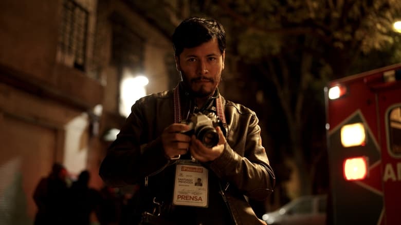 A dimly lit alleyway at night, the camera tilted to emphasize the claustrophobic framing of Santiago’s hunched figure as he adjusts his lens, the glow of a crime scene in the distance.