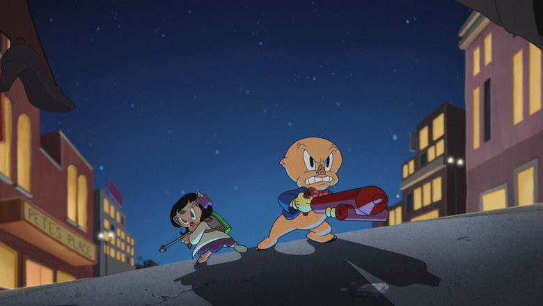 A wide shot of the chaotic town