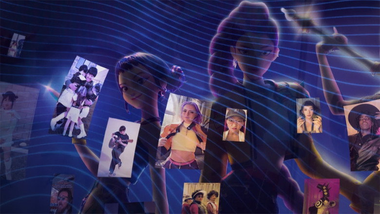A split-screen of a fan performing a choreographed dance next to the original animated sequence from *KPop Demon Hunters*