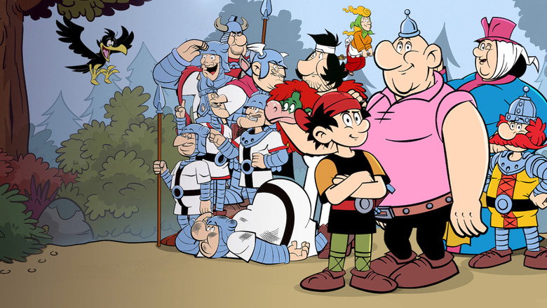 Two warriors stand back-to-back, swords drawn, as a chaotic battle unfolds around them in a medieval village