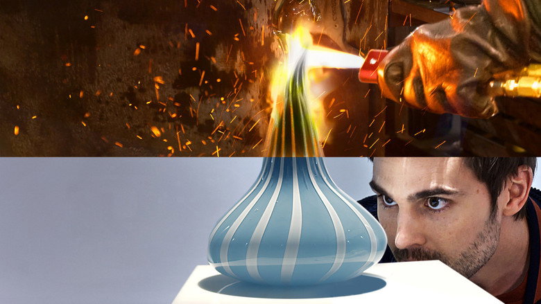 A contestant shapes molten glass with precision, the glow of the furnace casting long shadows