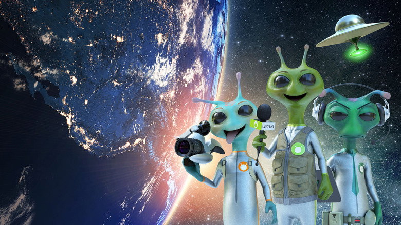 Three alien reporters—one blue, one pink, one green—stand in a human living room, staring in bewilderment at a ceiling fan