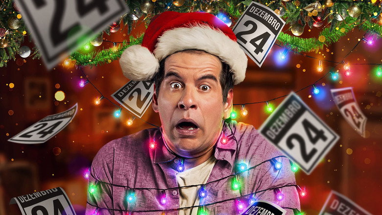 A family gathered around a Christmas tree, their faces a mix of exhaustion and forced cheer