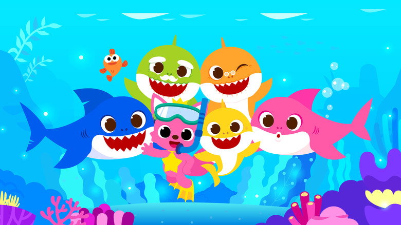 A pastel-colored animated ocean scene with the Baby Shark family swimming in formation, their mouths open mid-song.