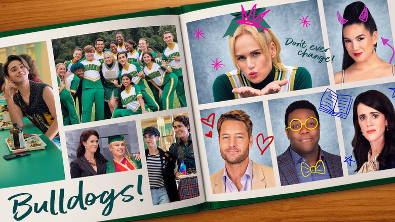 Rebel Wilson’s character, Stephanie, standing in the middle of a high school hallway, surrounded by students who look half her age, her cheerleader uniform clashing with the modern world around her.