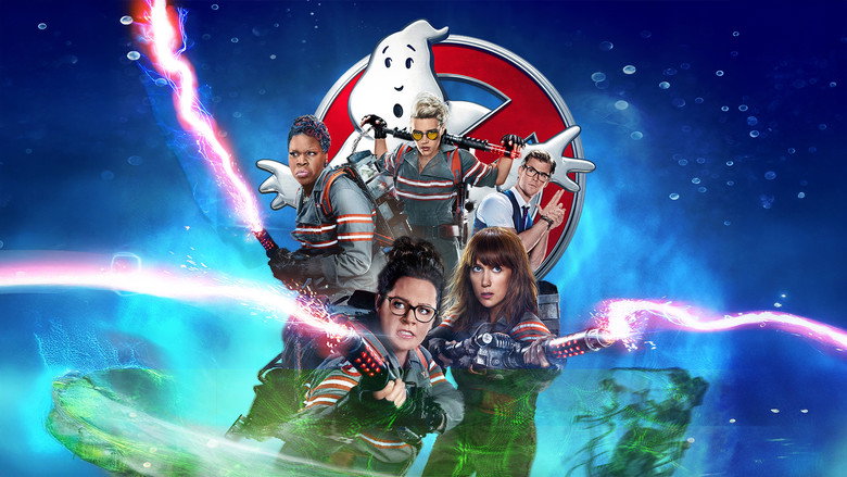 The four Ghostbusters standing in a line, proton packs glowing, ready for action