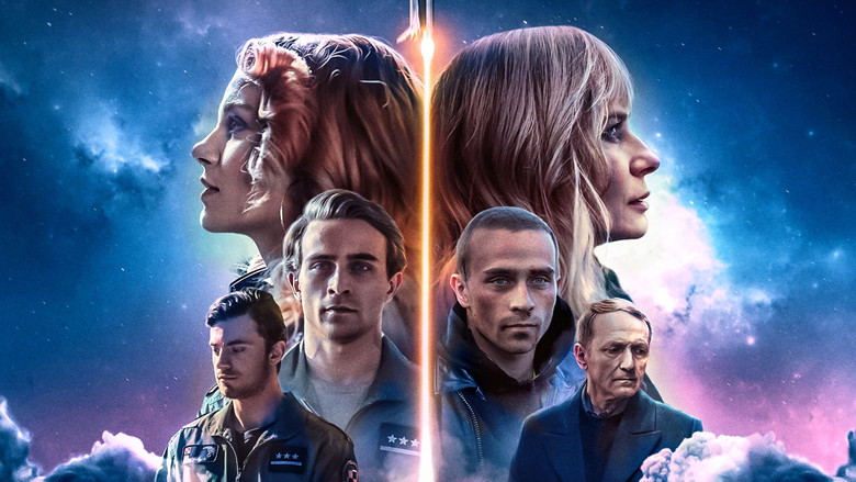 A dimly lit room where a woman in a sweater sits across from a man in a spacesuit, their faces half in shadow, the weight of decades between them