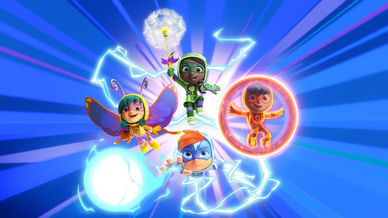Four kids in brightly colored superhero costumes stand in a dynamic pose, their expressions determined as they prepare for action.