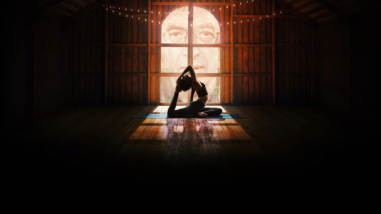 A serene, dimly lit yoga studio space, devoid of people, capturing an eerie sense of quiet order