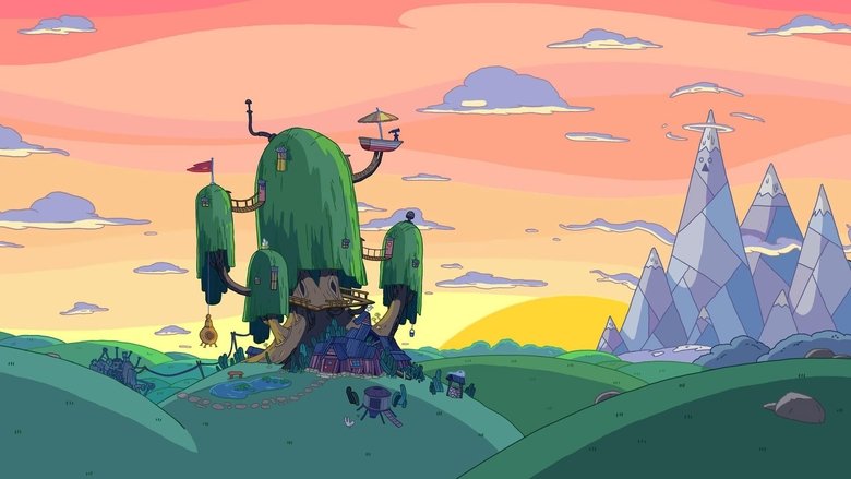 Finn and Jake looking over the strange, vibrant landscapes of Ooo