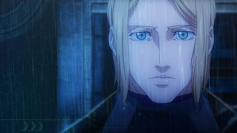A close-up of a character’s face half-obscured by a shimmering, translucent mask, their expression caught between fear and determination