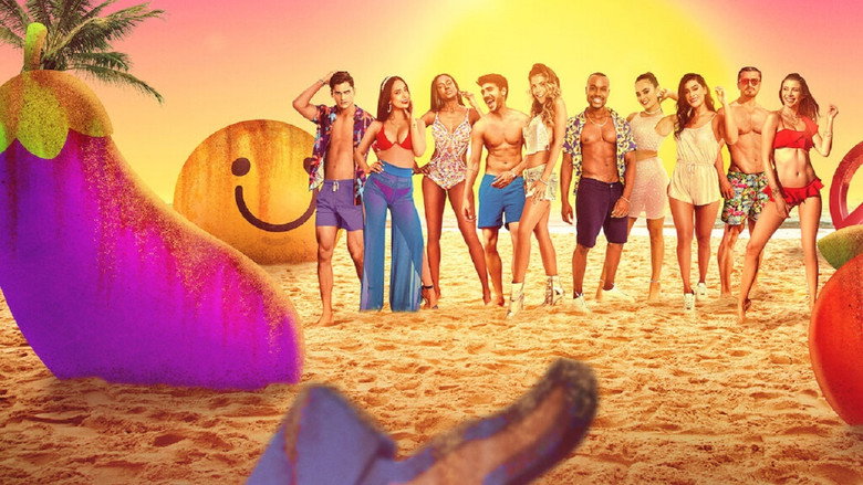 A group of contestants lounging by a pool, their expressions a mix of flirtation and restraint