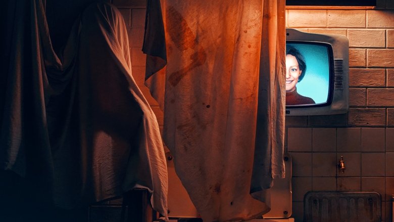 A dimly lit living room, the glow of a vintage television casting eerie shadows on the walls, while a child’s silhouette stands frozen in the doorway