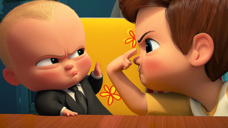 A baby in a suit stands atop a conference table, pointing authoritatively at a screen displaying market share graphs