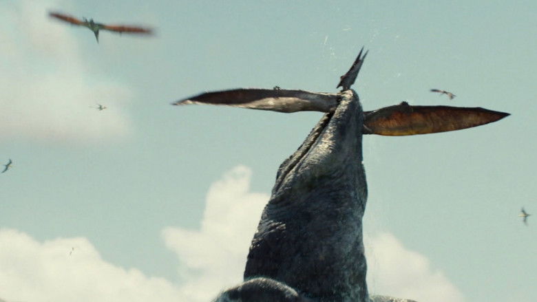 A massive Mosasaurus leaping out of the water to eat a great white shark