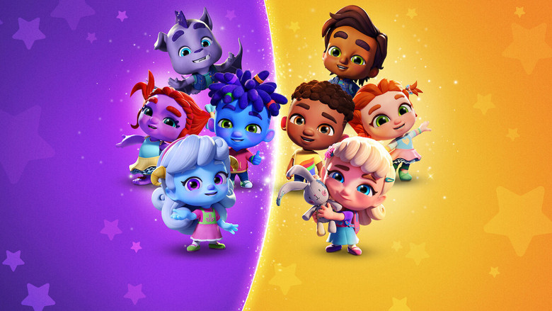 A group of young monsters in colorful outfits stand together in a cozy, dimly lit classroom, their expressions ranging from nervous to excited.