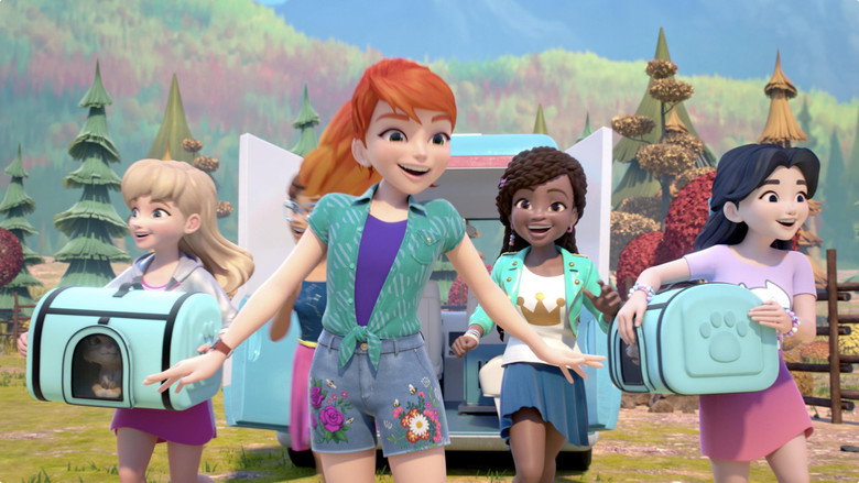 Five animated girls in LEGO form stand in a sunlit alley, their expressions determined, backpacks slung over their shoulders as if ready for an adventure.