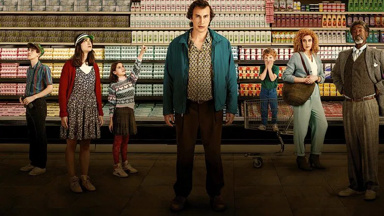 A family in a supermarket aisle, surrounded by towering shelves of brightly colored products, their faces lit by harsh fluorescent light.