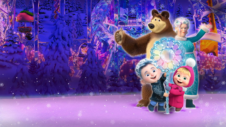 Masha in her pink coat, standing in a snowy forest, holding a lantern that casts a warm glow on the trees.