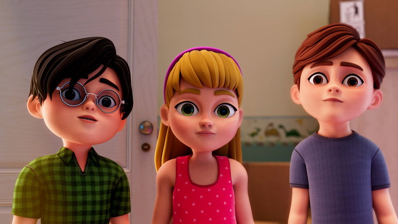 Gupi and her friends sitting on a rooftop at dusk, the city lights twinkling behind them