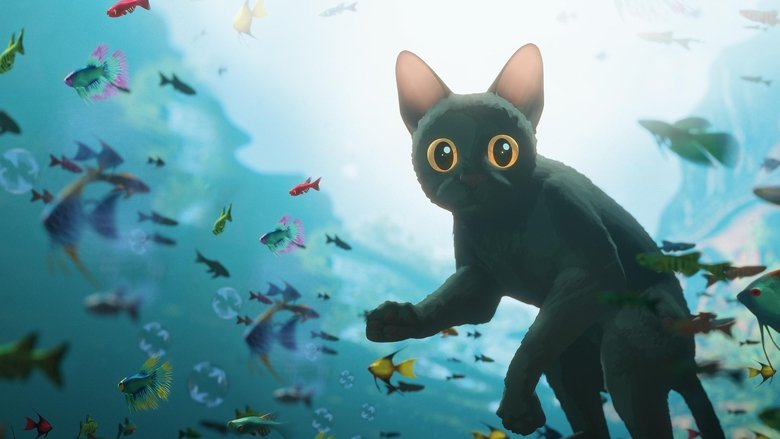 A lone cat perches on the edge of a wooden boat, gazing at the endless blue horizon, the ruins of a submerged city faintly visible beneath the waves.