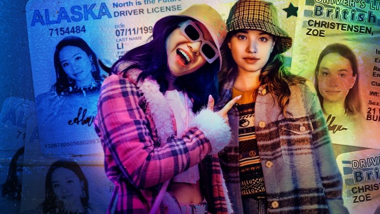Two teenage girls sit on a couch, surrounded by stacks of cash and fake IDs, their faces lit with a mix of excitement and unease.