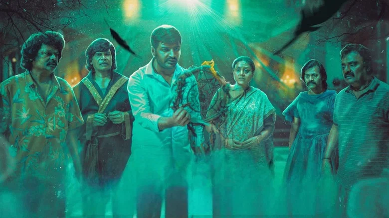 A family huddled together in a dimly lit room, their faces illuminated by the eerie glow of a cursed dreamcatcher.