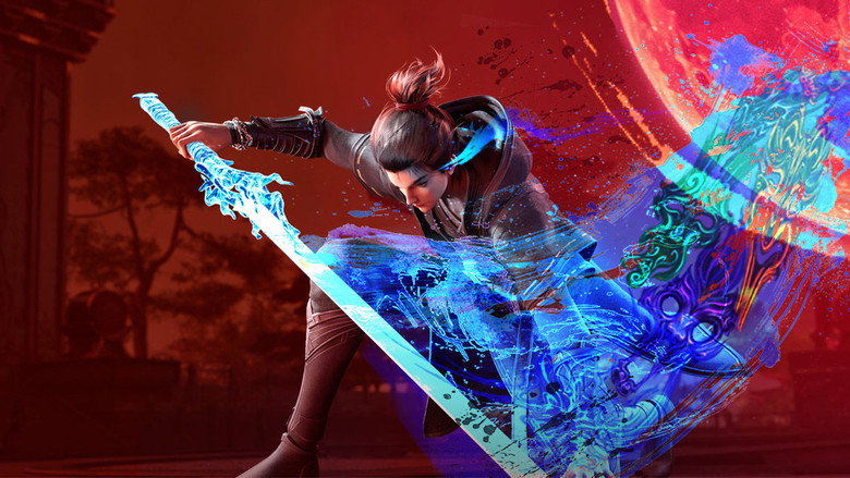 A high-action combat sequence where the environment turns into stylized ink-wash art