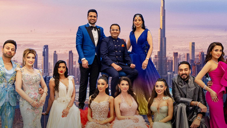 A lavish Dubai villa at night, its floor-to-ceiling windows glowing with golden light, while a group of expats in glittering outfits clink champagne glasses in slow motion.